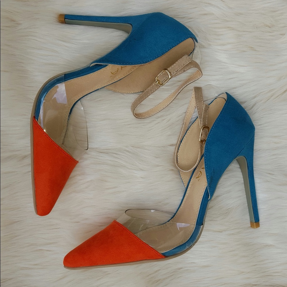 Orange/Teal/Clear/Tan High Heel D’Orsay Pump